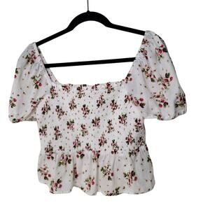 J.Crew Puff Sleeve Smocked Top M White Strawberry Floral Blouse Cottagecore Boho